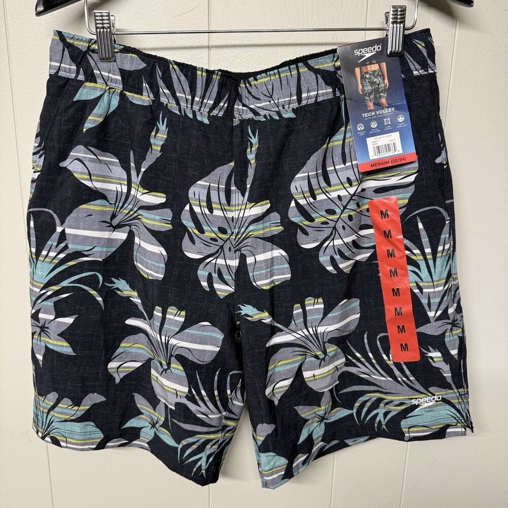 Speedo Hydro Tech Volley Swim Shorts Liner Blue Multi Color Flowers Men M NWT